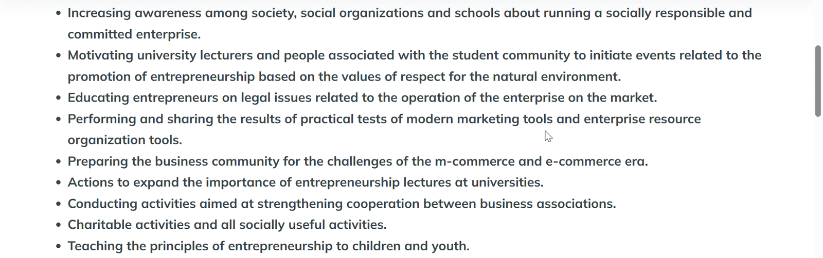 Cele statutowe fundacji — cele 5–13: świadomość społeczna, edukacja przedsiębiorców, narzędzia marketingowe, e-commerce, współpraca stowarzyszeń, działalność charytatywna, nauka przedsiębiorczości